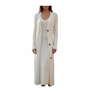White Ivory Ribbed Knit Longline Cardigan & Midi Dress Set Minimal Chic Small